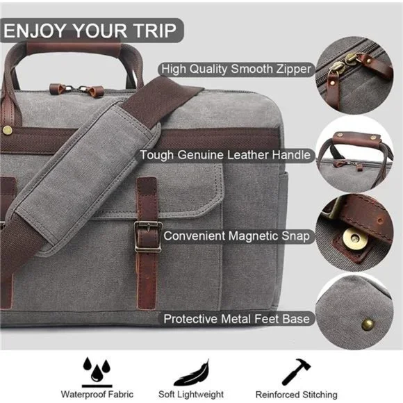 Duffle Bag for Men Waterproof Genuine Leather Canvas Travel Duffel Bags, Grey